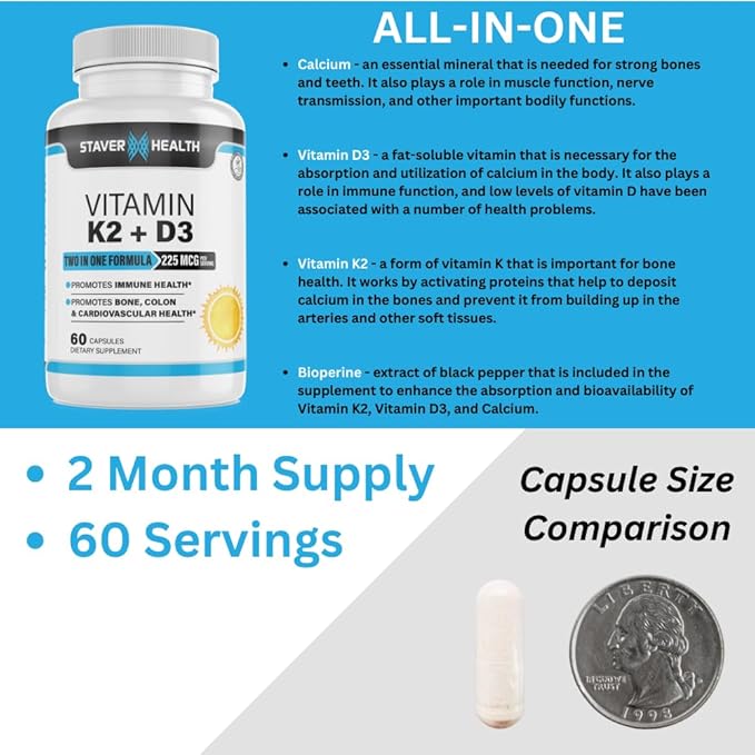 Vitamin K2 D3 w/Calcium and Bioperine, Vitamin K2 (MK7) with D3 Supplement Non-GMO, Vitamin D3, Vitamin K2 MK-7 Easy to Swallow Vitamin D & K Complex, 60 Capsules