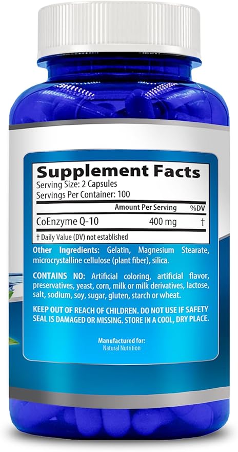 Natural Vitamin CoQ10 400mg 200 Capsules Maximum Strength High Absorption Gluten Free Non-GMO