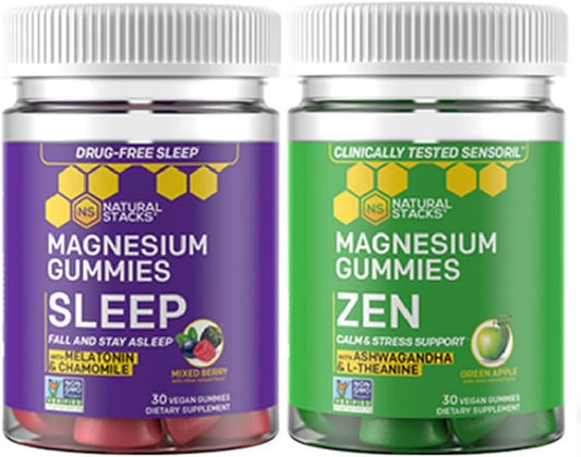 Natural Stacks Magnesium Gummies Bundle - Sleep Magnesium Gummies + Zen Magnesium Stress Gummies w/L-Theanine - 60 Magnesium Gummies