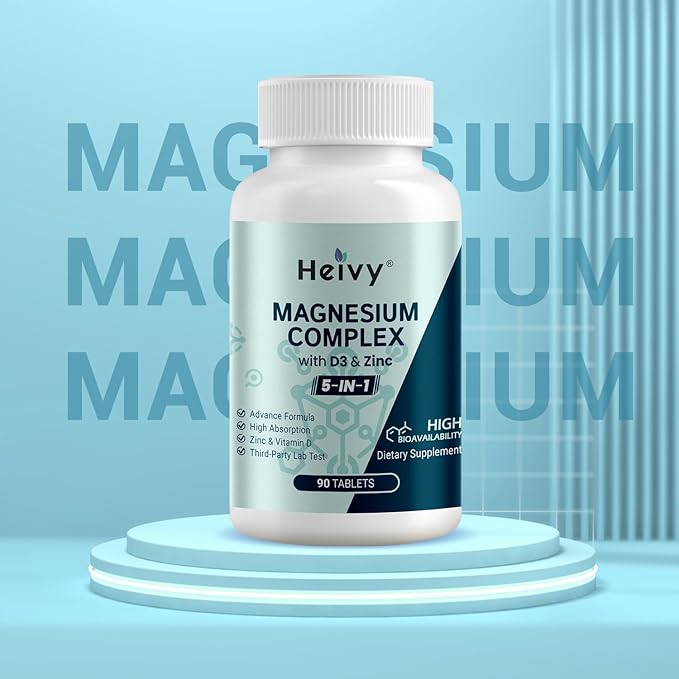 Magnesium Complex, Magnesium Glycinate, Citrate, Malate, Oxide, Gluconate with Zinc and Vitamin D3, Magnesium Supplement for Muscle, Nerve, Heart, Bone Support, High Absorption, 90 Tablets