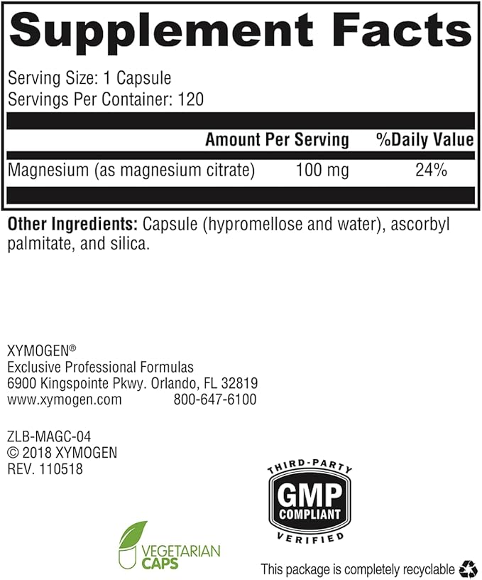 XYMOGEN Magnesium Citrate Capsules - Vegan Magnesium Supplement for Women + Men - Regularity, Muscle, Bone + Heart Health Supplements (120 Magnesium Pills)
