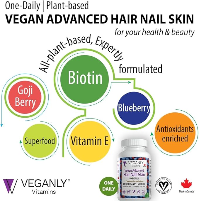 Vegan Advanced Hair Nail Skin One-Daily, 90 Veggie Caps - Antioxidant Enriched - Improve Hair, Improve Skin Health and Nail Health - Plant Based with Biotin & Natural Superfood
