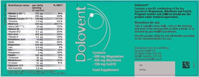 Dolovent - Natural Migraine Relief with Magnesium for Migraines, Vitamin B2 400mg, CoQ10 - Dietary Supplement for Brain Health - 1 Bottle