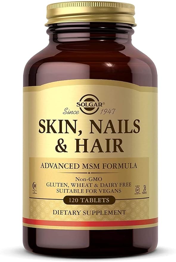 Solgar Skin, Nails & Hair, Advanced MSM Formula, 120 Tablets - Supports Collagen for Hair, Nail and Skin Health - Provides Zinc, Vitamin C & Copper - Non GMO, Vegan, Gluten & Dairy Free - 60 Servings ,Standard Packaging , 120 Count