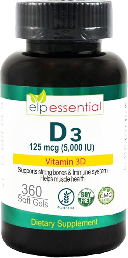 ELP ESSENTIAL Vitamin D3 5000iu (125 mcg) 1 Year Supply for Healthy Muscle Function, and Immune Support, Mini Softgel, 360 Count