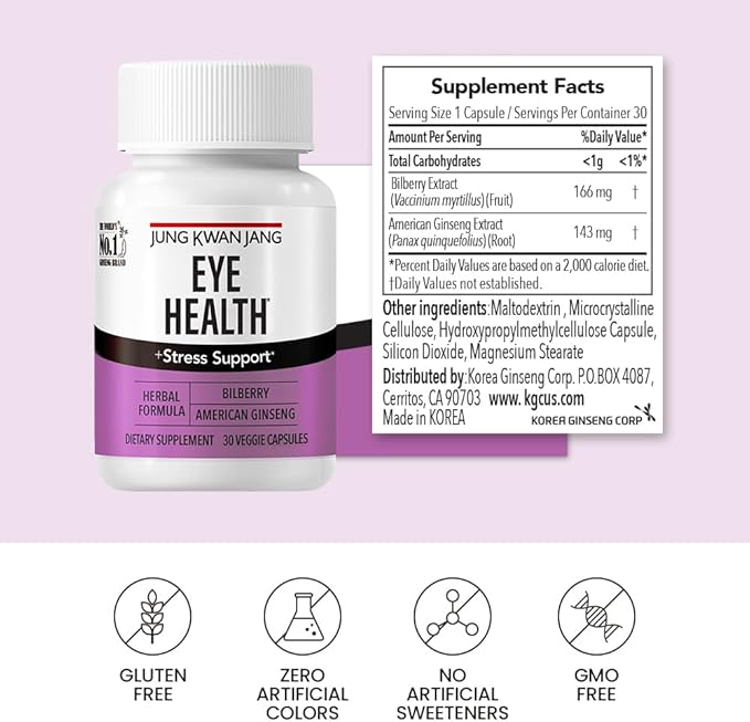 JungKwanJang Eye Health Support with Bilberry (166mg) and American Ginseng (143mg) for Vision Care, Reduced Eye Strain, Cognitive Support, 30 Capsules for Men and Women