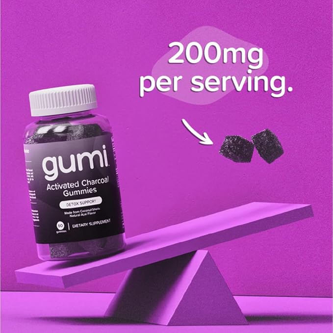 gumi Nutrition Coconut Activated Charcoal Gummies - Charcoal Supplements for Detox, Oral Health & Gut Health - 200mg Gummy Vitamin - Gluten Free, Vegan & Non GMO - Natural Açaí Flavor (60 Count)