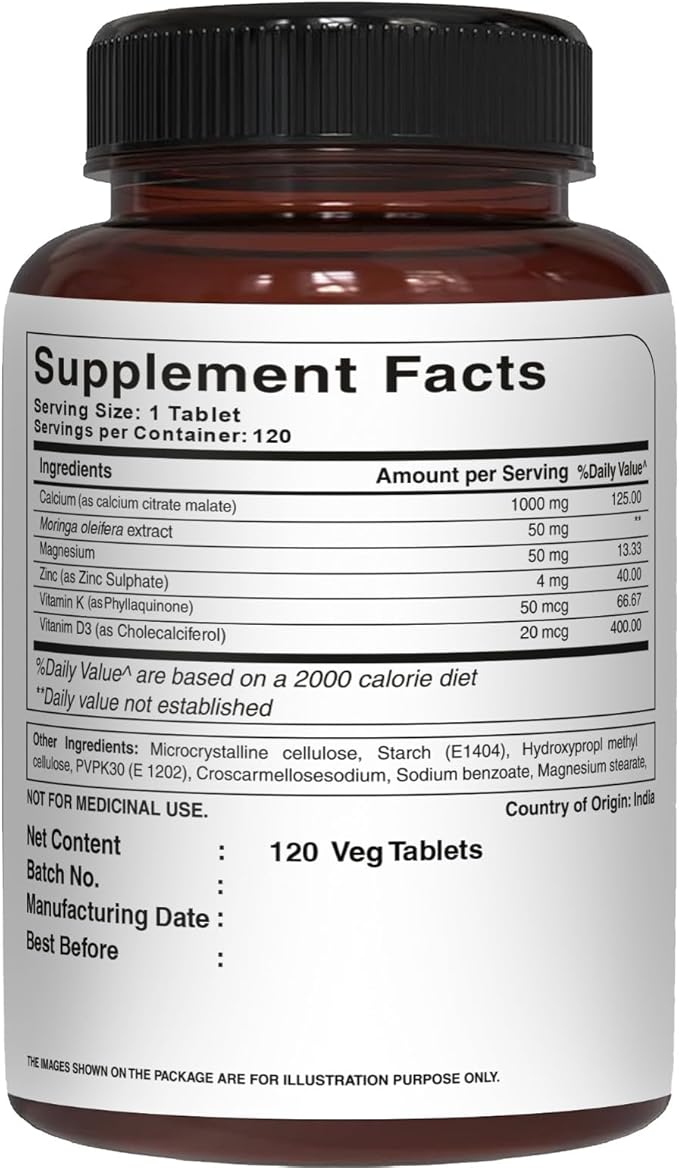 Pure Nutrition Ultra Calcium 1000mg with VIT D3 + K2 | 120 Tab | Highly absorbable Calcium Supplement with Calcium Citrate Malate, VIT D3, K2, Moringa Oleifera, Magnesium and Zinc.
