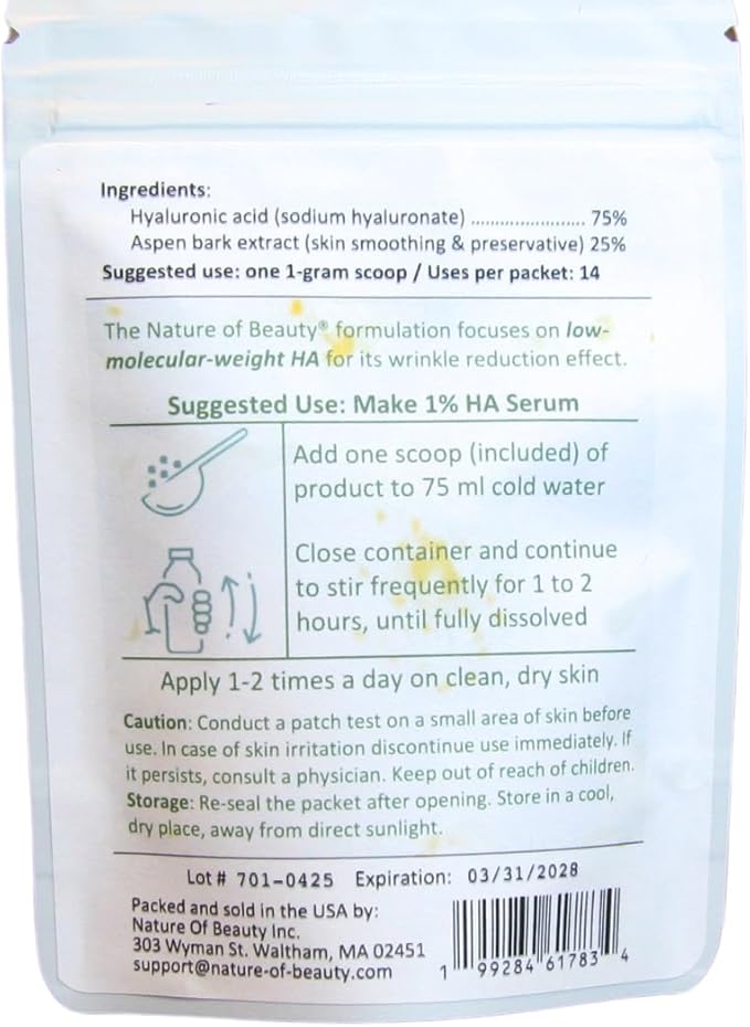 Anti-Wrinkle Hyaluronic Acid Powder Low Molecular Weight (LMW, <15 kDA) Cosmetic Grade Hyaluronic Powder, For Serum or Lotion For Face and Skin, 100% Natural, USA Made, 0.5 Oz (14.2g)
