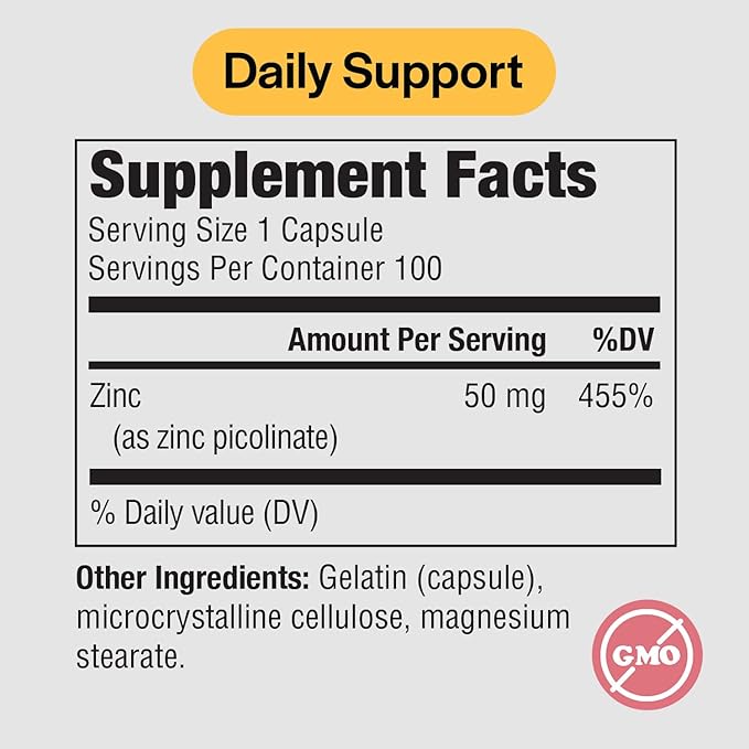 PureFormulas Zinc Picolinate 50 mg - Immunity & Hormone Support - Bioavailable 50 mg Zinc Supplement 100 Capsules