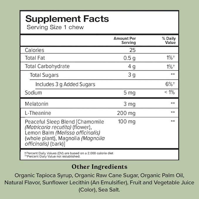 Chewsy Peaceful Sleep Chews, Sleep Support, 3 mg Melatonin, 200 MGS L-Theanine, Chamomile, Lemon Balm, Magnolia, Nighttime Sleep Aid, Naturally Minty Chews, Promotes restful Sleep, 30-Day Supply (1)