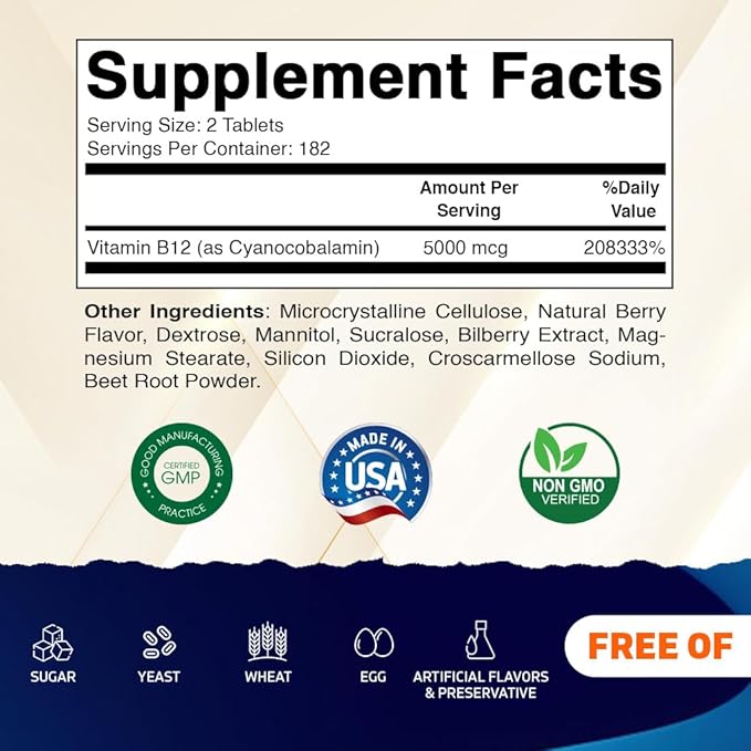Vitamatic Vitamin B12 5000 mcg – 365 Fast Dissolve Tablets Berry Flavor – Supports Energy Production & Nervous System Health – Non-GMO, Gluten-Free