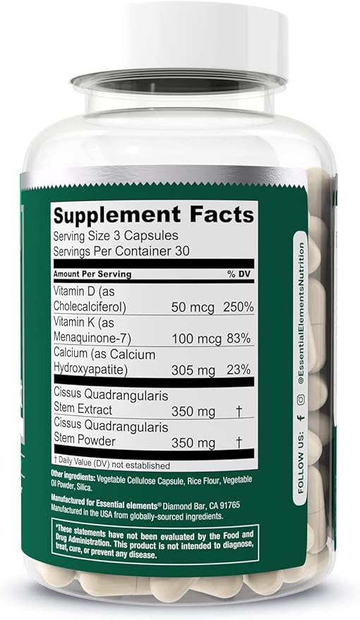 Essential Elements Bone Boost Bone Health Supplement - Bone Support and Calcium Supplement with Vitamin D 3, K2, Cissus Quadrangularis for Bone Strength - 180 Capsules (60 Day Supply) (2-Pack)