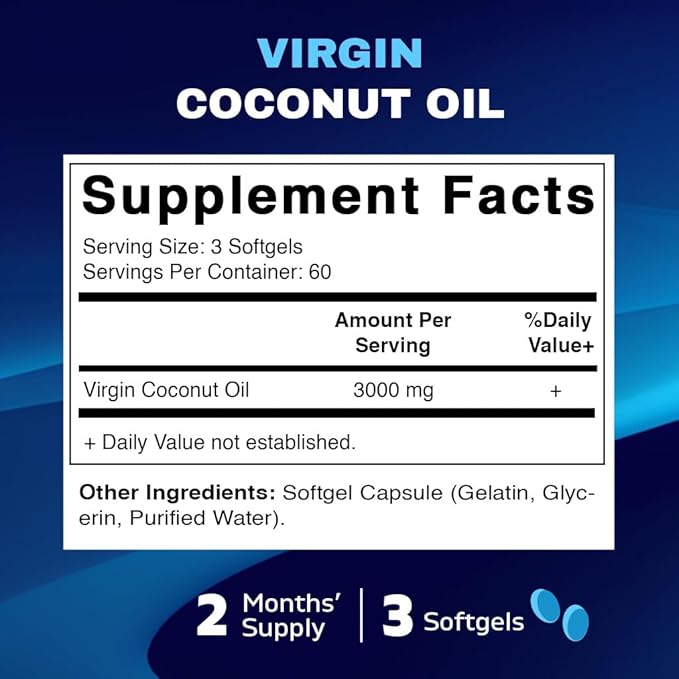Vitamatic Virgin Coconut Oil Softgels, 3000 mg Per Serving, 60 Servings, 180 Count, Non-GMO, Gluten Free