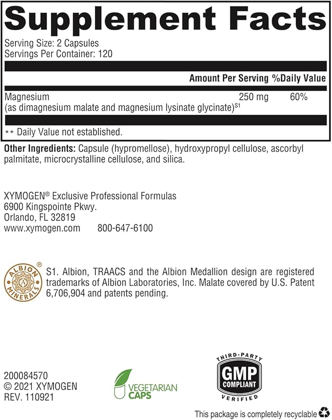 XYMOGEN OptiMag 125 - Magnesium Supplement with Di-Magnesium Malate & Glycinate Lysinate to Support Nerve, Muscle, Bone Health + Heart Health (240 Capsules)