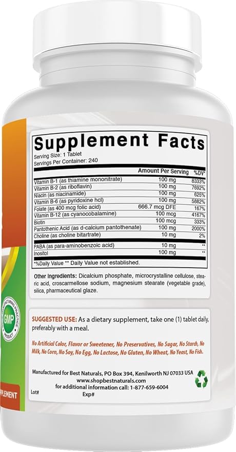 Best Naturals Vitamin B Complex with Inositol, PABA 240 Tablets - Made in The USA - Non-GMO & Gluten Free