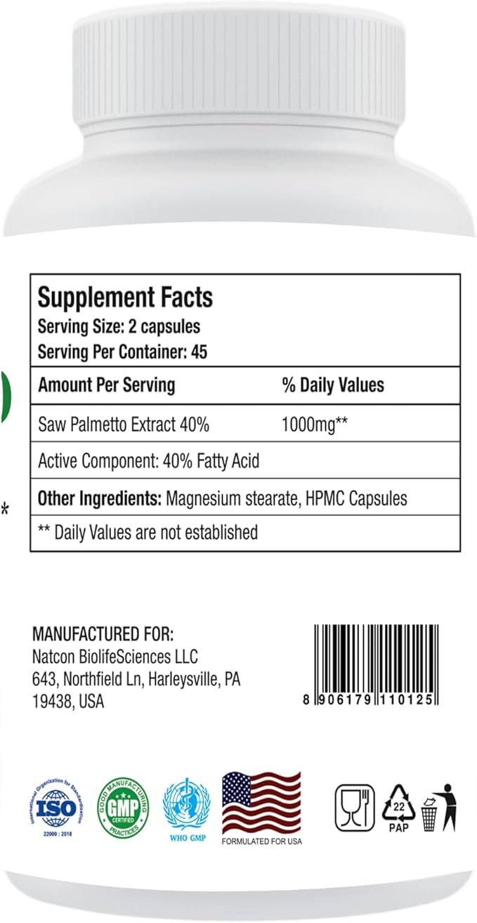 Saw Palmetto 1000mg per Serving for Men Prostate Supplements | Potent Saw Palmetto for Urinary and Prostate Health | 90 Veg Capsules,45 Days Supply