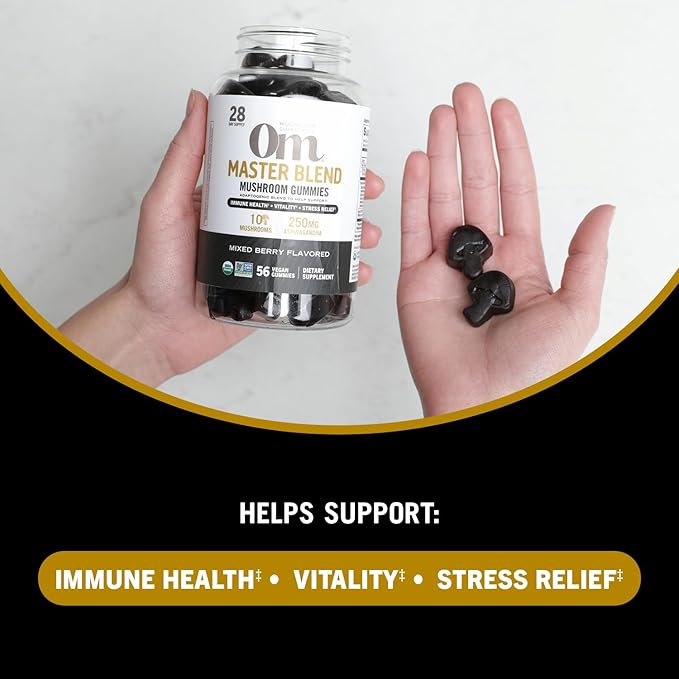 OM MUSHROOM SUPERFOOD Master Blend Mushroom Gummies, 56 Count, 28 Servings, Mixed Berry Flavor with 10 Mushroom Complex for Stress and Vitality