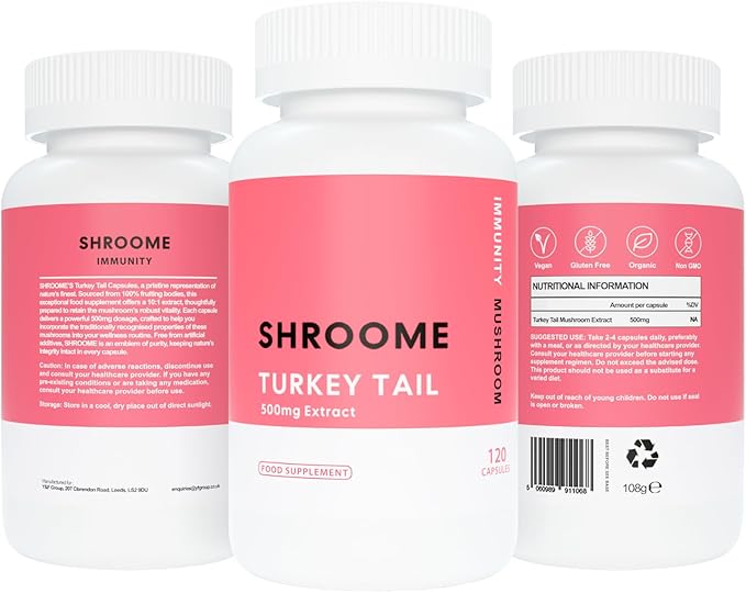 Turkey Tail Mushroom Capsules | 120 Capsules | Premium Beta Glucans | High Strength Extract | Mushroom Supplement | 100% Fruiting Bodies | No Additives | Vegan