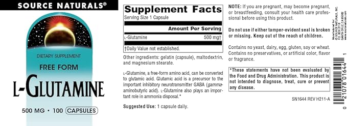Source Naturals L-Glutamine - Free Form Amino Acid That Supports Metabolic Energy - 100 Capsules
