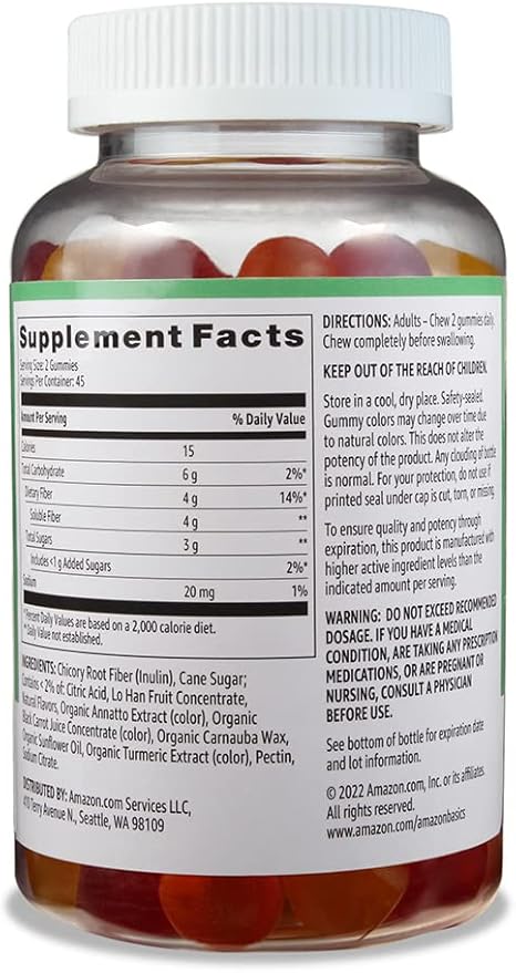 Amazon Basics (previously Solimo Fiber 4g Gummy - Digestive Health, Supports Regularity, Orange, Lemon & Strawberry, 90 Gummies (2 per Serving) (Pack of 2)
