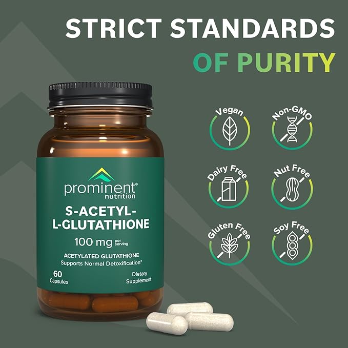 Prominent Nutrition S-Acetyl L-Glutathione Supplement - Clinically Researched Emothion® Acetylated Glutathione for Normal Liver Detoxification Support & Optimal Antioxidant Effect, 60 Vegan Capsules