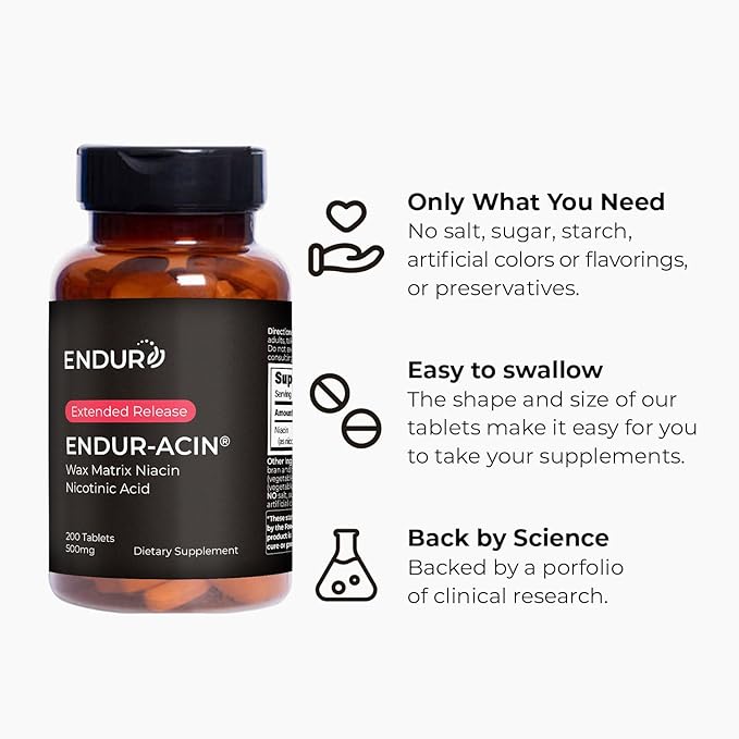 ENDUR-ACIN, Extended Release Niacin for Optimal Absorption & Low-Flush Vitamin B3 Niacin 500mg, Premium Niacin Supplement Made in USA, 200 Tablets