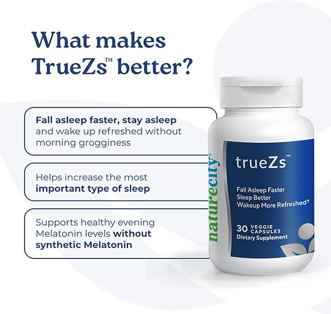 NatureCity TrueZs Melatonin-Free Natural Sleep Aids for Adults - Ashwagandha, L-Theanine, and Saffron Powder Sleep Pills to Support Falling and Staying Asleep (30 Veggie Capsules)