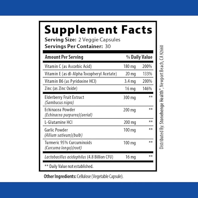 Stonehenge Health Dynamic Immunity Daily Supplement 10-in-1 Immune Boosters Zinc, Elderberry, Echinacea, Vitamin C & Probiotic L. Acidophilus – Supports Immune System & Respiratory Health, 60 Capsules