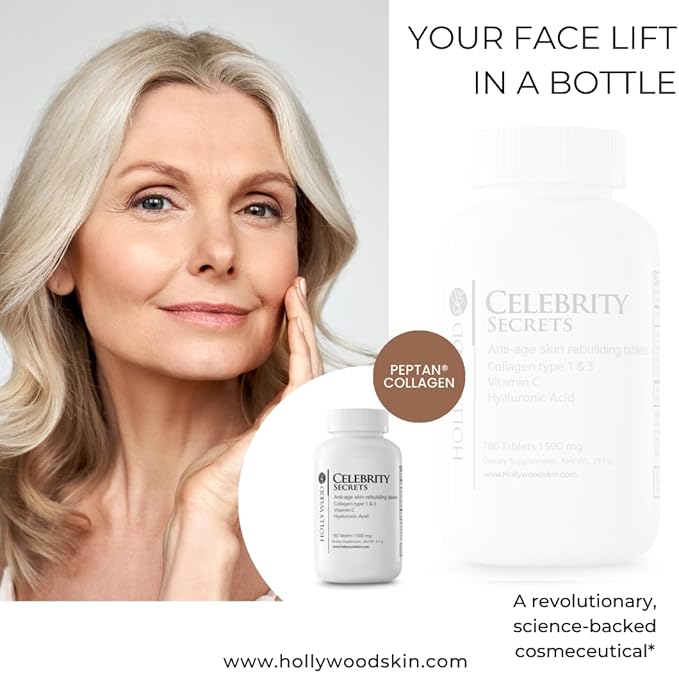 hollywoodskin Peptanยฎ Collagen Complex: for Ultimate Age-Defying Support. 1000mg Collagen Type 1 & 3, 300mg HA, 100mg Vitamin C. 1500mg x 180 Tablets. (6 Months Supply).