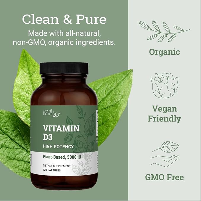 Earth Harmony Vegan Vitamin D3 5000 iu & Organic Lion's Mane 1000mg Supplement - 120 Capsules Each