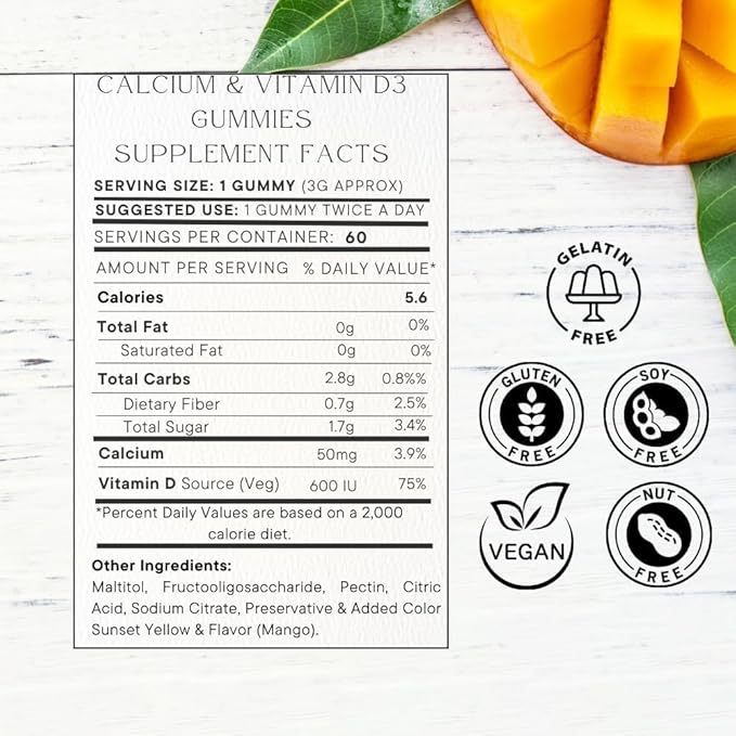 Vitamin D3 600 IU Calcium 50 mg Gummies, 60 Count,Improves Lubrication Between Joints Regulates Bone Health -Calcium Gummies for Adults Vegetarian Without Gluten