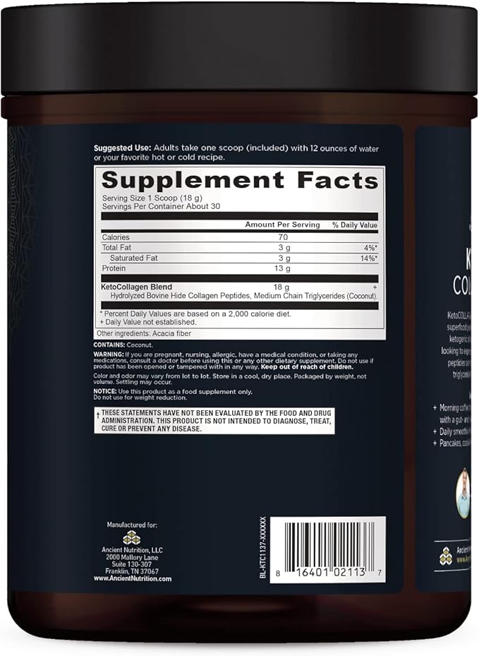 Ancient Nutrition Keto Collagen Powder Drink Mix, Keto Diet Supplement with MCT, Hydrolyzed Collagen Peptides to Support Healthy Skin and Joints, 30 Servings, 19 oz (Packaging May Vary)