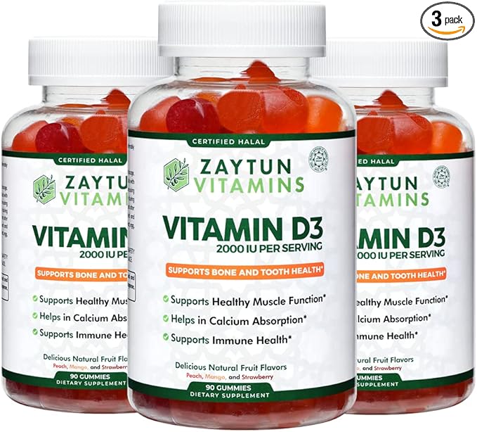 Zaytun Halal Vitamin D3 2000 IU Gummies, Supports Bone & Immune Health, Promotes Muscle Function, Gluten & Gelatin Free, (3-Pack) - Made in USA