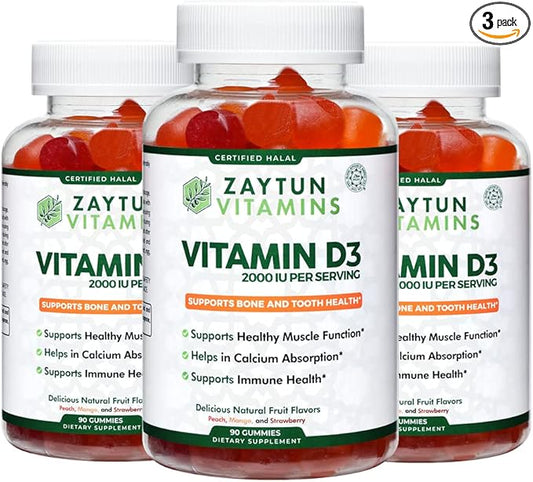 Zaytun Halal Vitamin D3 2000 IU Gummies, Supports Bone & Immune Health, Promotes Muscle Function, Gluten & Gelatin Free, (3-Pack) - Made in USA
