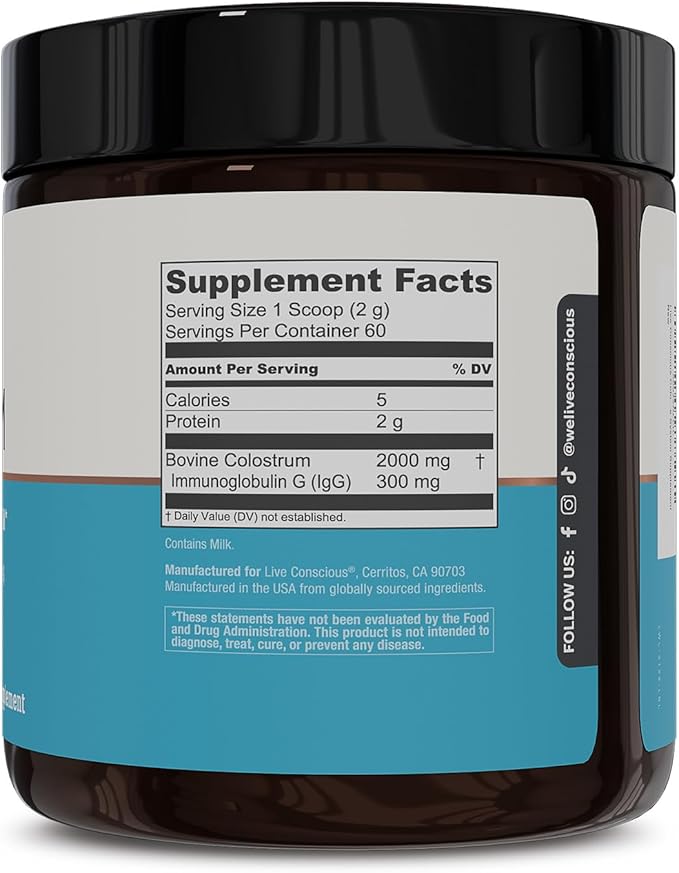 Live Conscious Colostrum Powder - Grass Fed Colostrum Supplement with Lactoferrin for Iron Absorption - Bovine Colostrum an Immune System Supplement