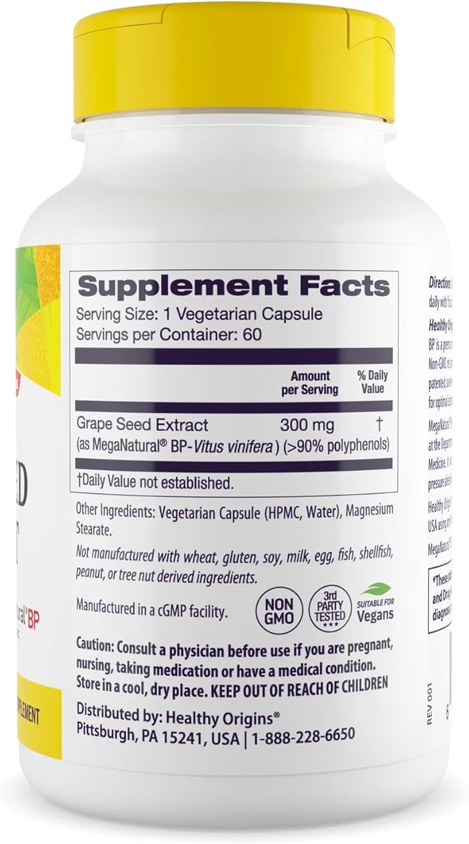 Healthy Origins Grape Seed Extract 300 mg (MegaNatural BP, Non-GMO, California-Grown, Gluten Free, Supports Healthy Blood Pressure), 60 Veggie Caps