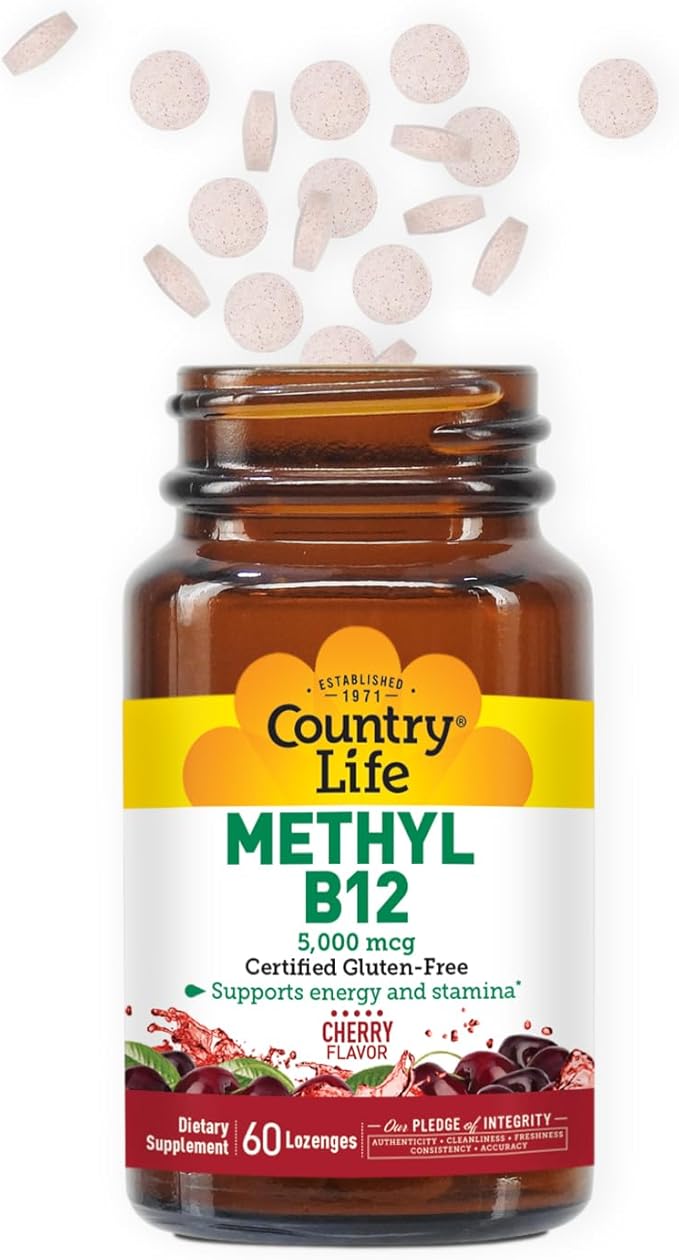 Country Life Methyl B12, Supports Energy & Stamina, 5,000mcg, 60 Lozenges, Certified Gluten Free, Certified Vegan, Certified Non-GMO Verified