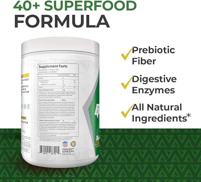 Alpha Greens Supplement | Fruit & Vegetable Superfood Powder | Over 40 Natural Plant Based Ingredients | Prebiotic & Probiotic Digestive Support Blend - 30 Servings (Peach Mango)