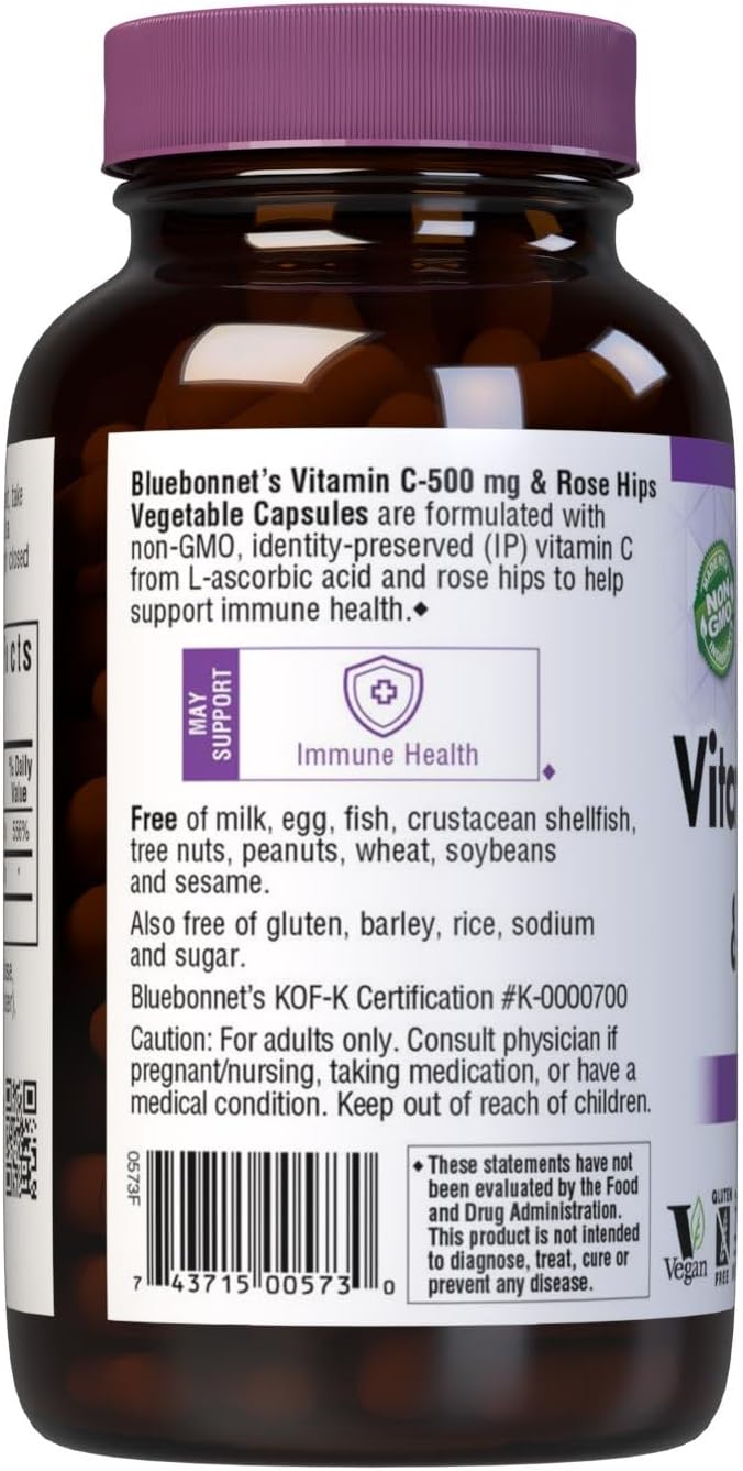 BlueBonnet Vitamin C 500 mg Plus Rosehips Vegetable Capsules, 180 Count