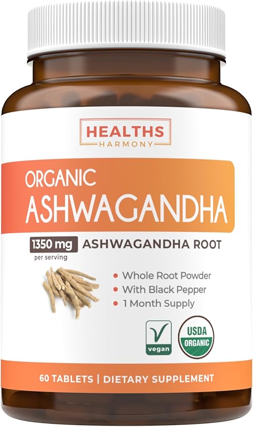 USDA Organic Ashwagandha (60 Vegetarian Tablets) 1350mg Ashwaganda Root Powder Per Serve with Black Pepper - Natural Adrenal Support, Cortisol & Thyroid Support, Immune Support (No Pills or Capsules)