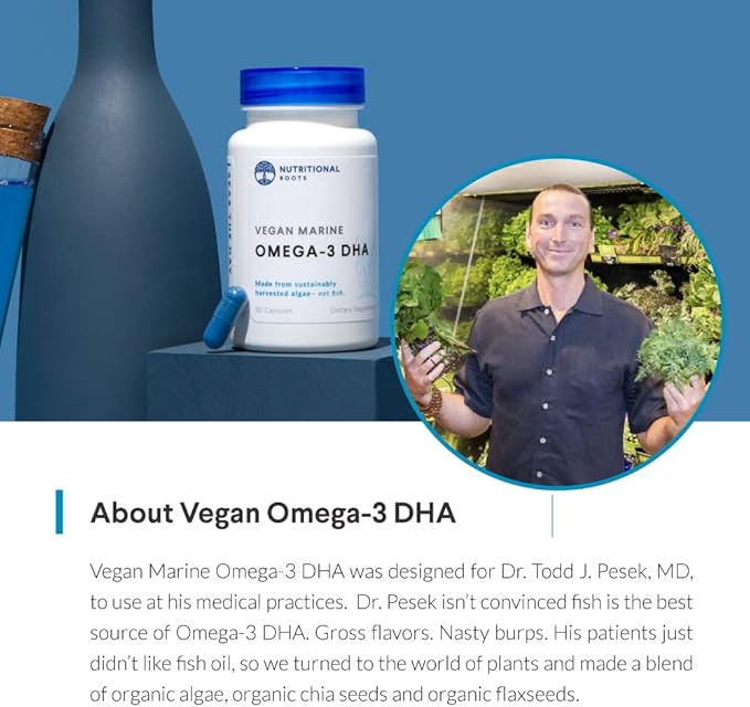 Omega 3 Algae DHA Vegan - Omega 3 DHA Supplement, Plant-Based Omega-3 Blend of Organic Algae, Organic Chia, and Organic Flax Seed Third Party Tested, Doctor's Choice,1 Month Supply, 30 Capsules