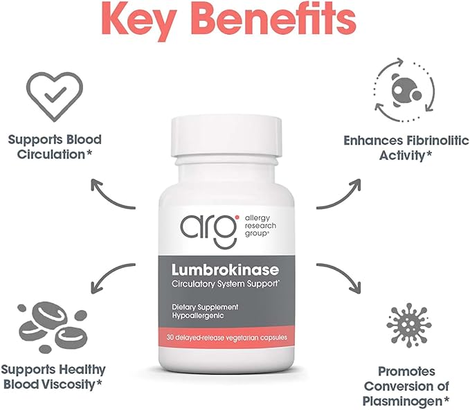 Allergy Research Group Lumbrokinase Supplement - Circulatory System Support, Supports Blood Circulation Already in The Normal Range - 30 Delayed Release Vegetarian Capsules