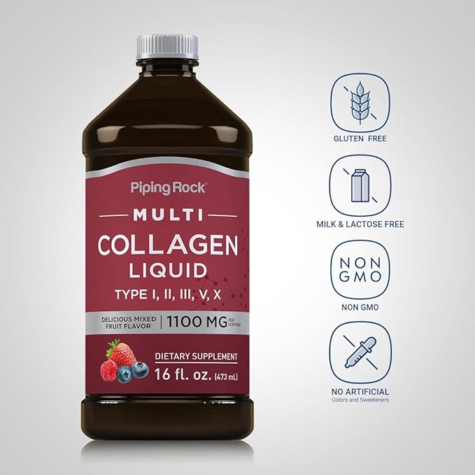Piping Rock Liquid Collagen 16 fl oz | 1100mg | Fruit Flavor | Multi Collagen Peptides | with Vitamin C | Non-GMO, Gluten Free Supplement