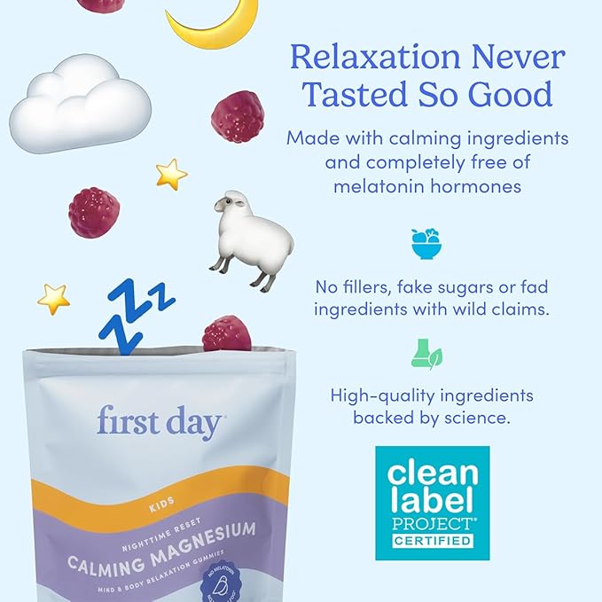 First Day Kids’ Nighttime Reset Calming Magnesium Gummies – Sleep Aid to Support Calm & Relaxation – Bedtime Supplement with Magnesium Citrate, Suntheanine & No Melatonin – 60-Day Supply