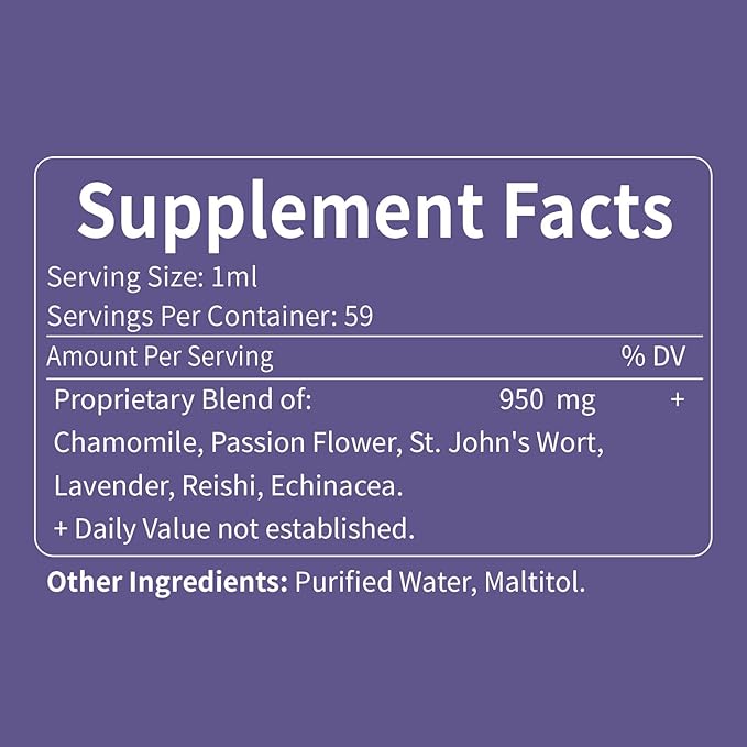 Chamomile herb Extract Drops, Natural Calm Herbal Tincture Supplement w/Passion Flower, St. John's Wort, Lavender, Reishi, & Echinacea for Relaxation Support & Immune Support. 2oz