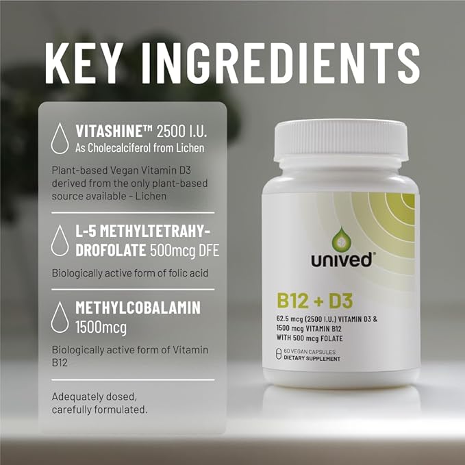 Unived Vegan B12 + D3, B12 (1500mcg Methylcobalamin), D3 (2500IU, Lichen), B9 (500mcg 5-MTHF) & Moringa, Immune Bone & Heart, Energy & Metabolism, 60c