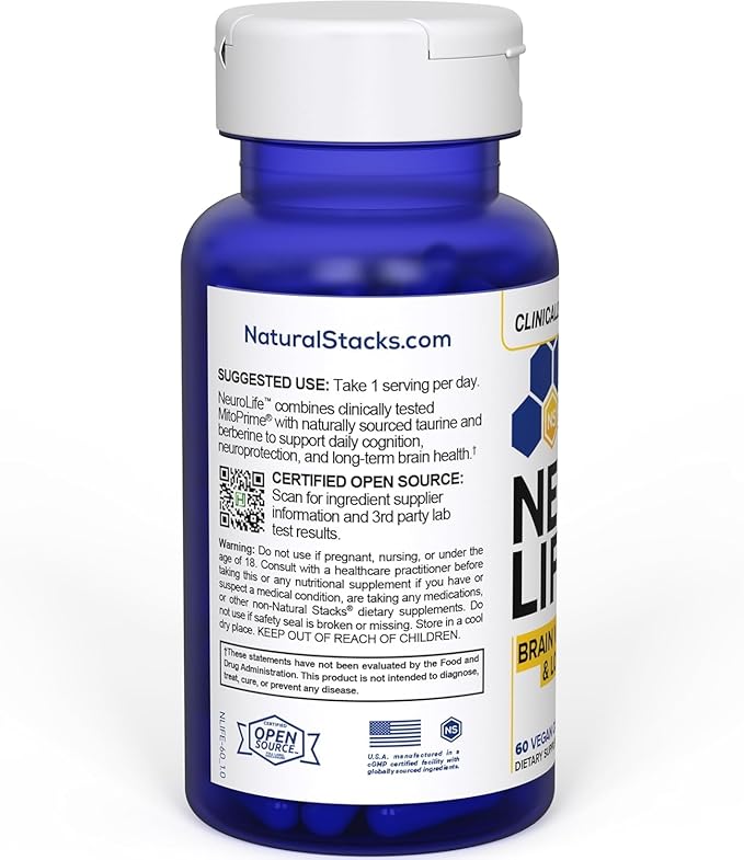 NeuroLife Longevity Supplement - 500mg Taurine & 400mg Berberine Supplement - Clinically Tested MitoPrime L-Ergothioneine - Brain Support for Cognitive Vitality - 60 Berberine Capsules