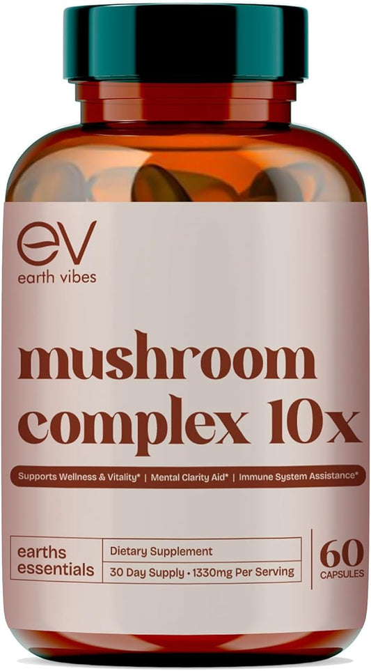 Earth Vibes 10-in-1 Mushroom Complex - 60 Vegan Capsules | Supports Immune Function & Cognitive Health | Includes Lion's Mane, Cordyceps, Reishi & Chaga | Improve Energy, Memory & Focus | Non-GMO