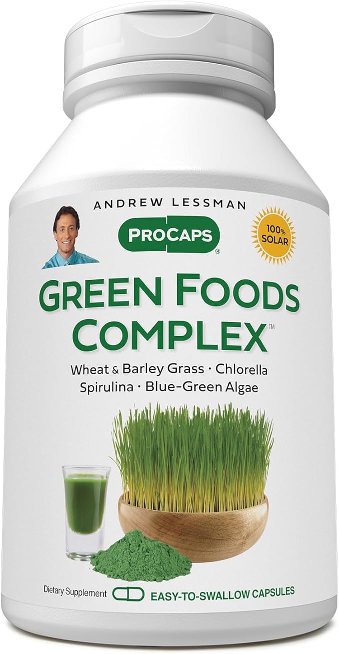 ANDREW LESSMAN Green Foods Complex 60 Capsules – Supplies Building Blocks for Healthy Tissue Growth and Liver Support. 100 mg Each of Barley Grass, Wheat Grass, Blue Green Algae, Chlorella, Spirulina